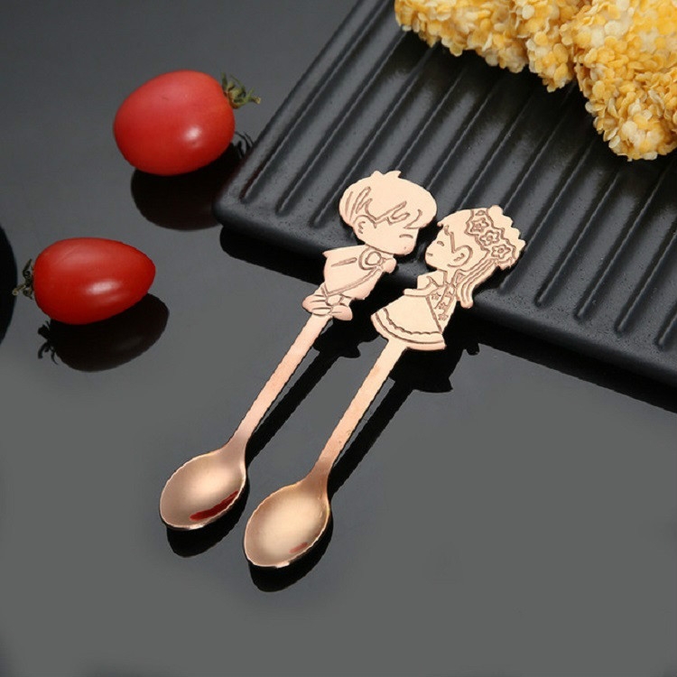 2 Sets Stainless Steel Tableware Creative Cartoon Couple Spoon Hanging Cup Spoon Coffee Stirring Spoon, Color: Rose Gold