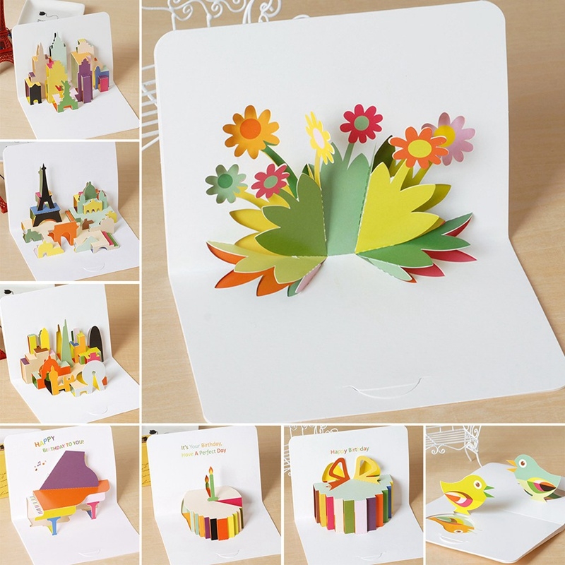 2 PCS Three-dimensional Holiday Cartoon Birthday Greetings Thanksgiving Card Children's Day Gift Card with Envelope Random Color Delivery
