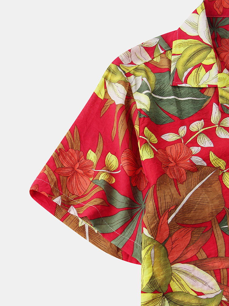 Men Cotton Floral Print Turn Down Collar Pocket Short Sleeve Hawaii Beach Shirts