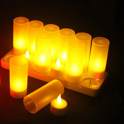 12PCS Flameless Rechargeable LED Candle Light Flickering Amber Tealights + Power Adapter for Party Home Decor