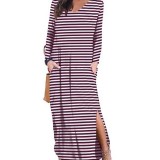 Women Striped V-neck Long Sleeve Casual Split Maxi Dress with Pockets