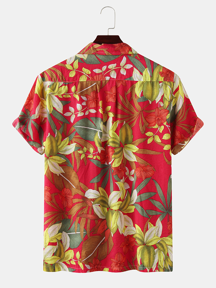 Men Cotton Floral Print Turn Down Collar Pocket Short Sleeve Hawaii Beach Shirts