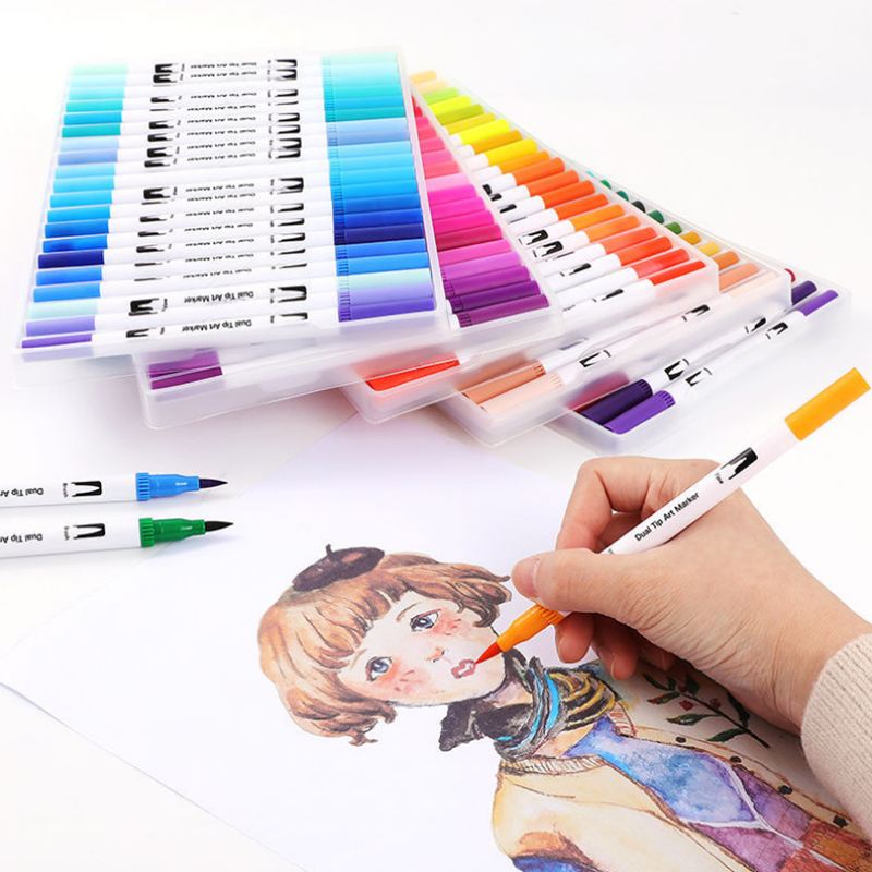 12 Colors Soft Double Head Watercolor Pen Dual Tip Brush Pen Set Hook Line Pen Art Drawing Pen Office School Supplies