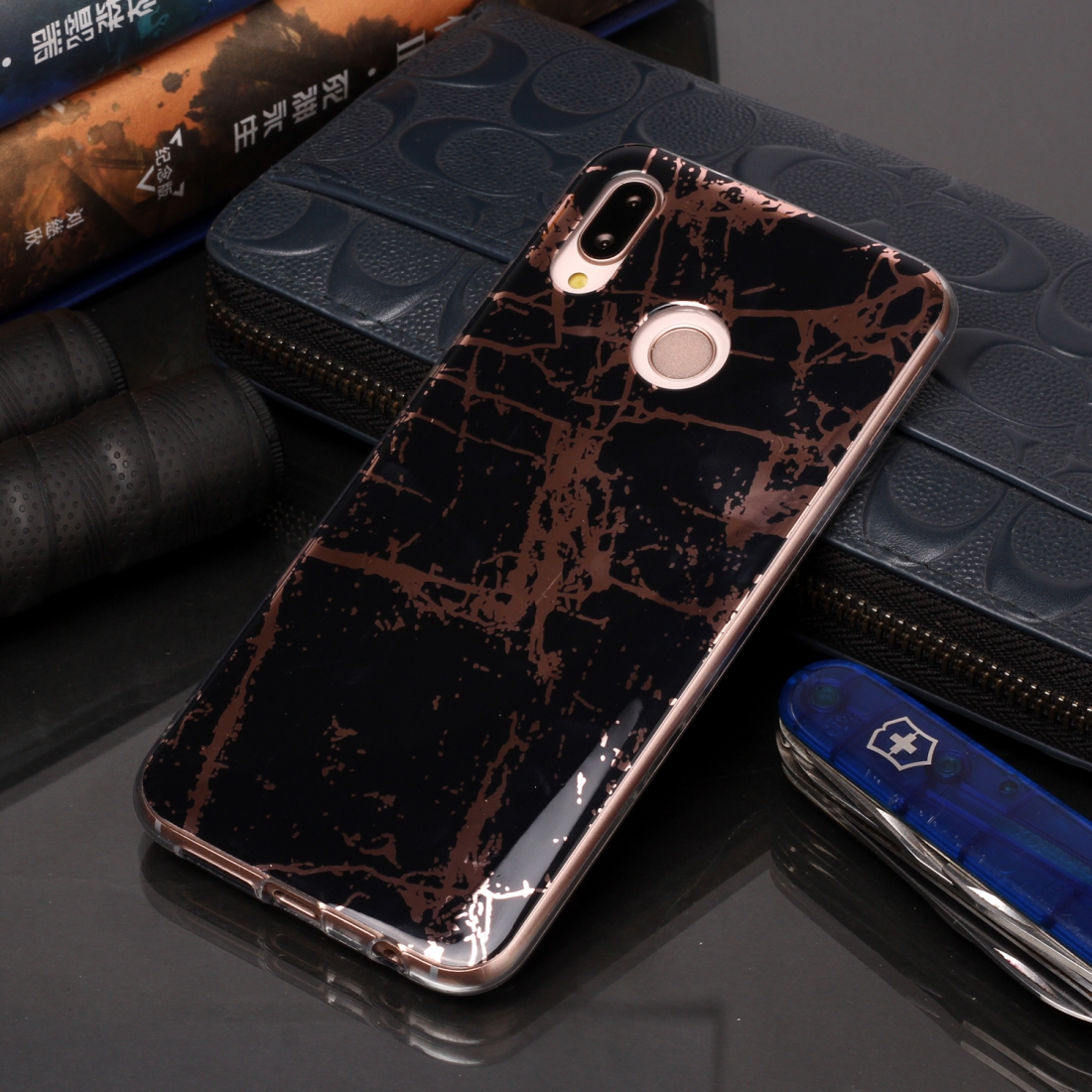 For Huawei P20 lite / nova 3e Plating Marble Pattern Soft TPU Protective Case (Black Gold)