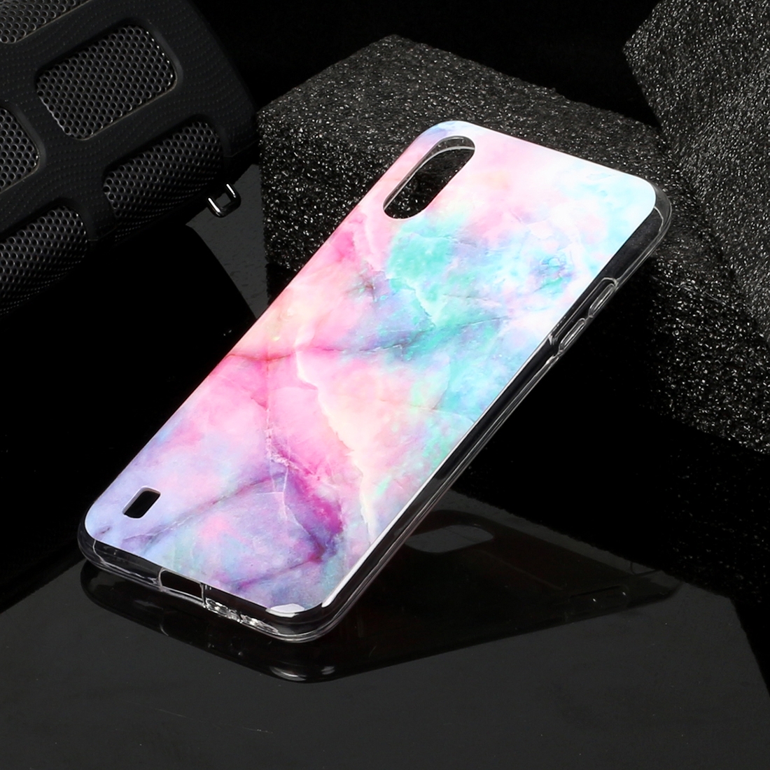 For Galaxy A01 Marble Pattern Soft TPU Protective Case (Pink Green)