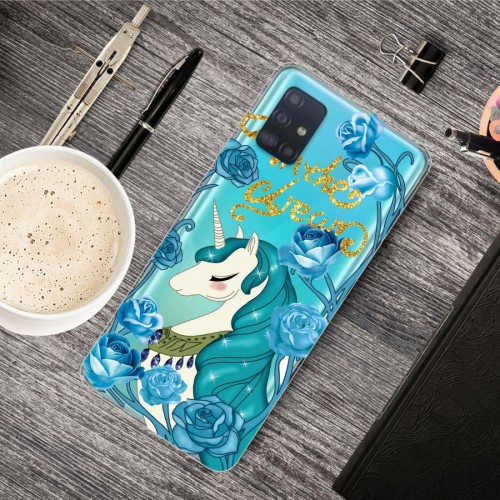 For Galaxy A31 Shockproof Painted Transparent TPU Protective Case (Blue Flower Unicorn)