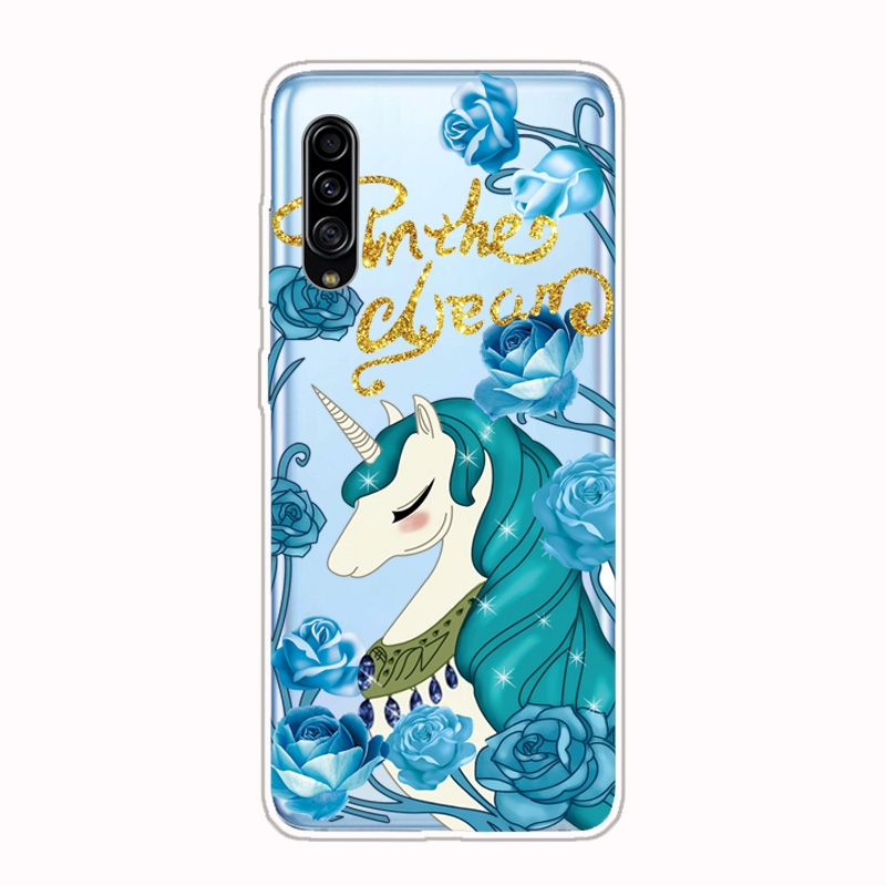 For Galaxy A90 5G Shockproof Painted Transparent TPU Protective Case (Blue Flower Unicorn)