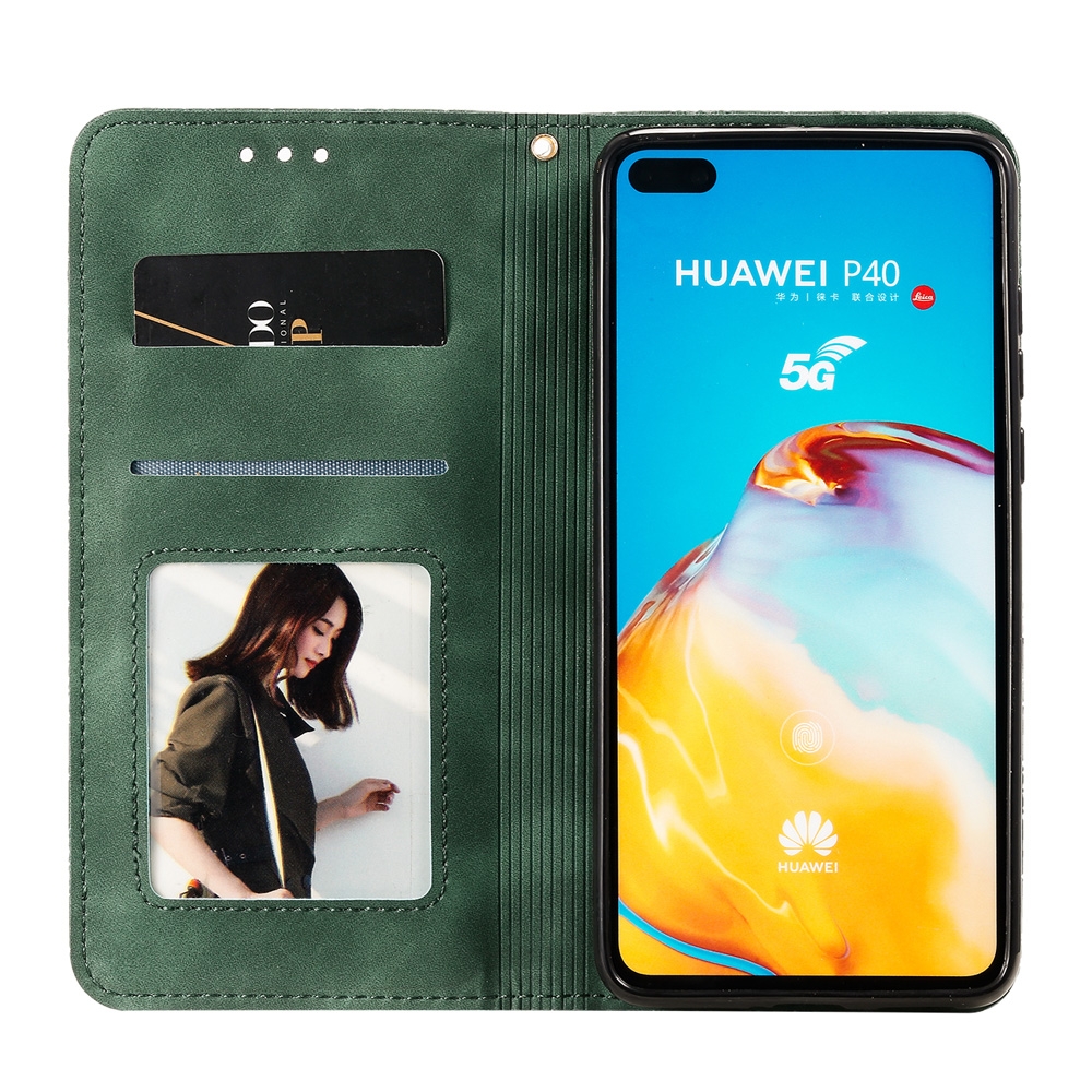 For Huawei P40 Lucky Flowers Embossing Pattern Magnetic Horizontal Flip Leather Case with Holder & Card Slots (Dark Green)