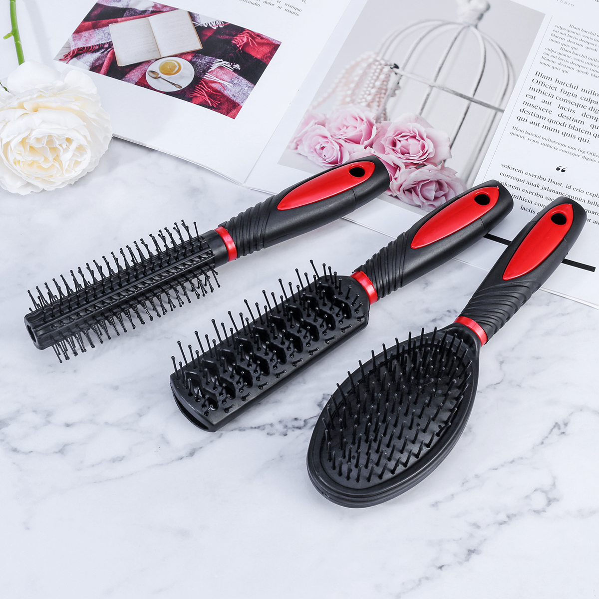 Healthcom Set of 5 Hair Combs Set Professional Salon Hair Cutting Brushes Sets Salon Hairdressing Styling Tool Mirror And Holder Stand Set Dressing Comb Kits for Women and Men