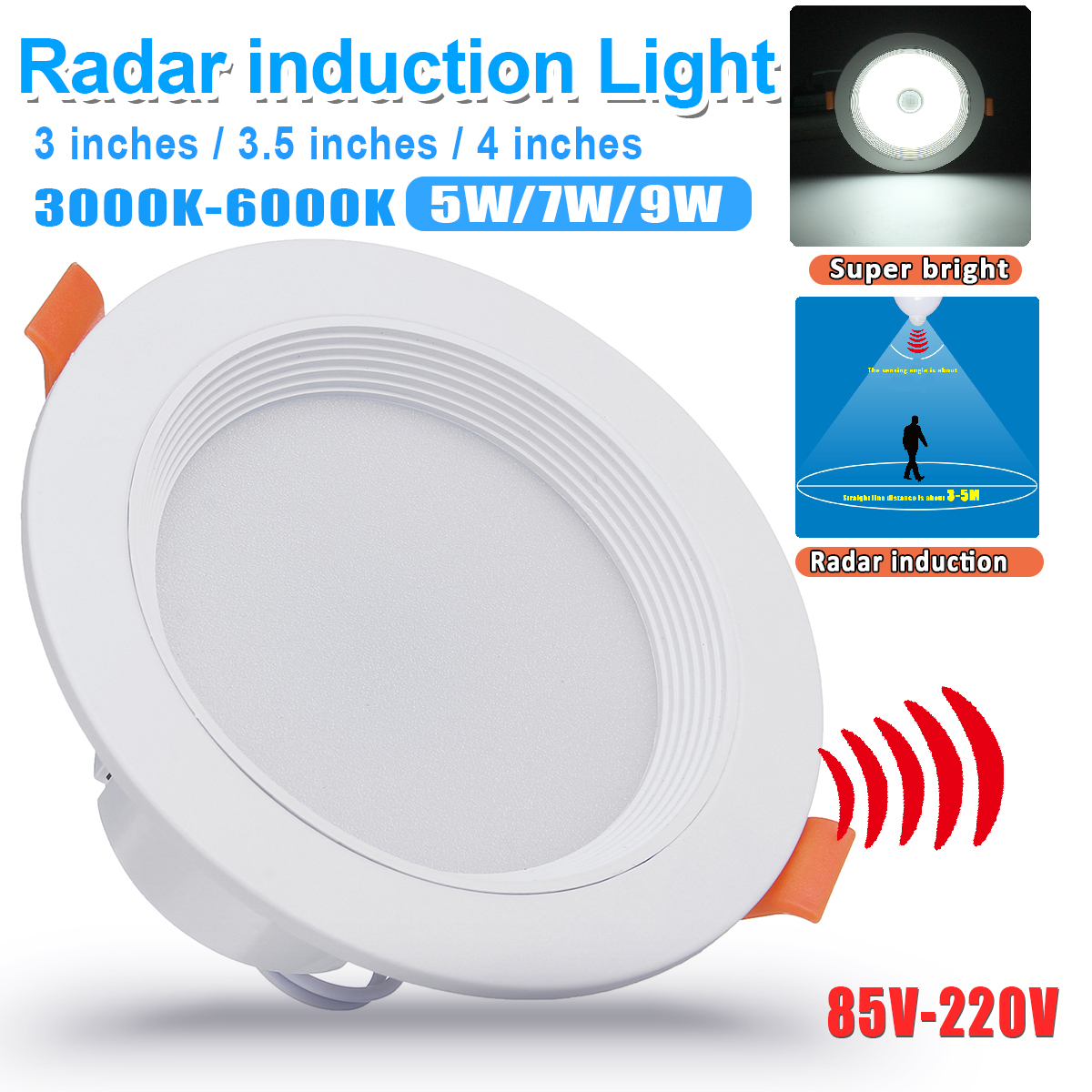 300lm Bright 5W/7W/9W 4'' 150° LED Ceiling Light Downlight Infrared Sensor