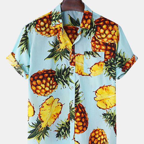 Mens Cotton Pineapple Print Pocket Short Sleeve Turn Down Collar Hawaii Beach Shirts