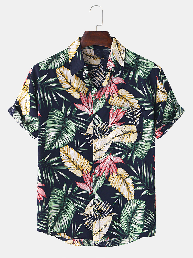 Mens Cotton Tropical Plant Leaves Print Turn Down Collar Hawaii Holiday Short Sleeve Shirts
