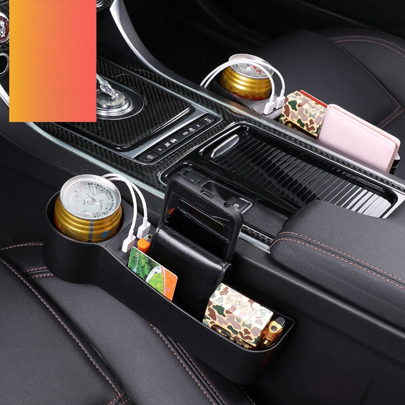 Car Multi-functional Driver Seat Console PU Leather Box Cigarette Lighter Charging Pocket Cup Holder Seat Gap Side Storage Box (Black)