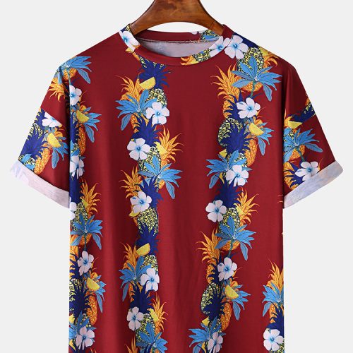 Mens Fashion Floral Printing Crew Neck Breathable Short Sleeve Casual T-Shirts