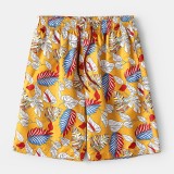 Mens Tropical Leaves Print Drawstring Quick Dry Pocket Swimming Board Shorts