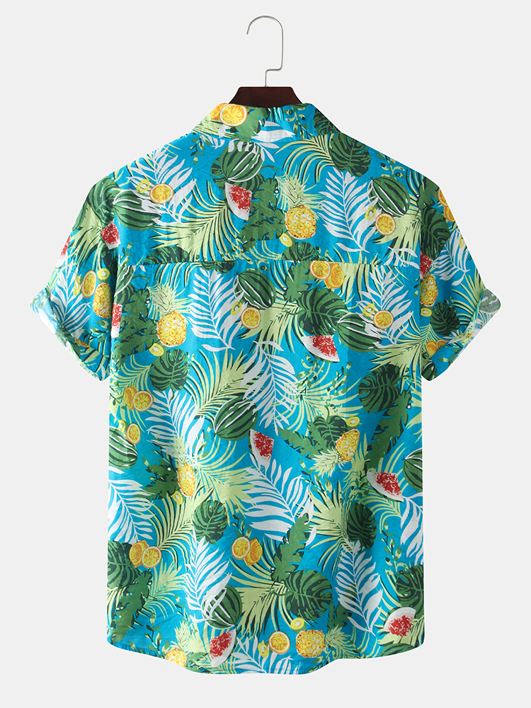 Mens Tropical Fruit Printed Casual Loose Lapel Short Sleeve Shirts