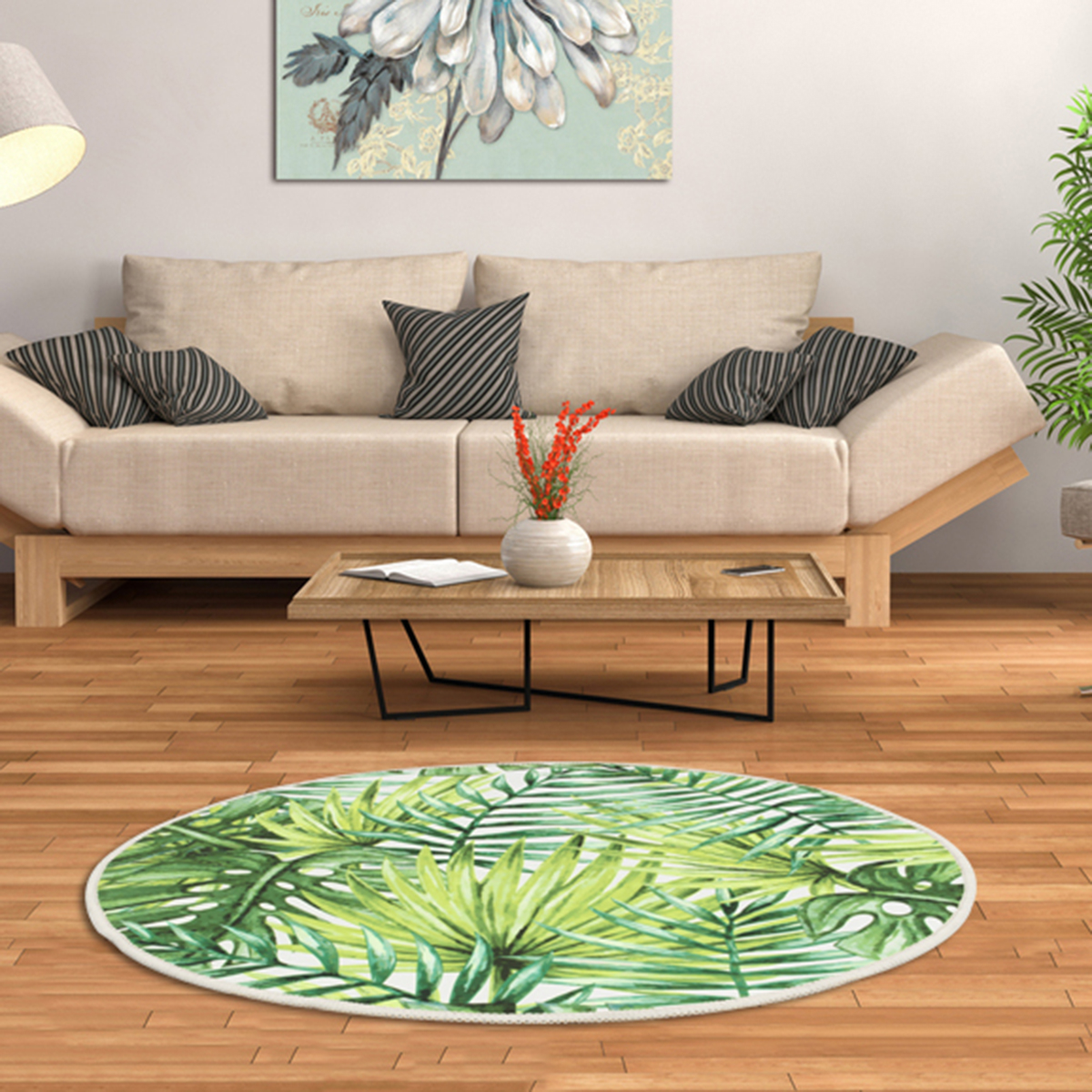 Floor Round Mat Tropical Green Anti Slip Leaves Carpet Home Living Room Coffee Table Sofa Floor Mat Supplies