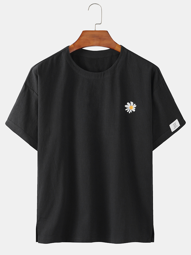 Cotton Daisy Embroidery Simple Round Neck Short Sleeve Casual T-Shirts
