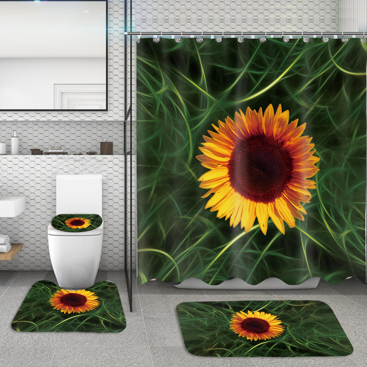 Bakeey Shower Curtain Sunflower Bathroom Shower Curtain Pedestal Rug Toilet Lid Mat Floor Mat
