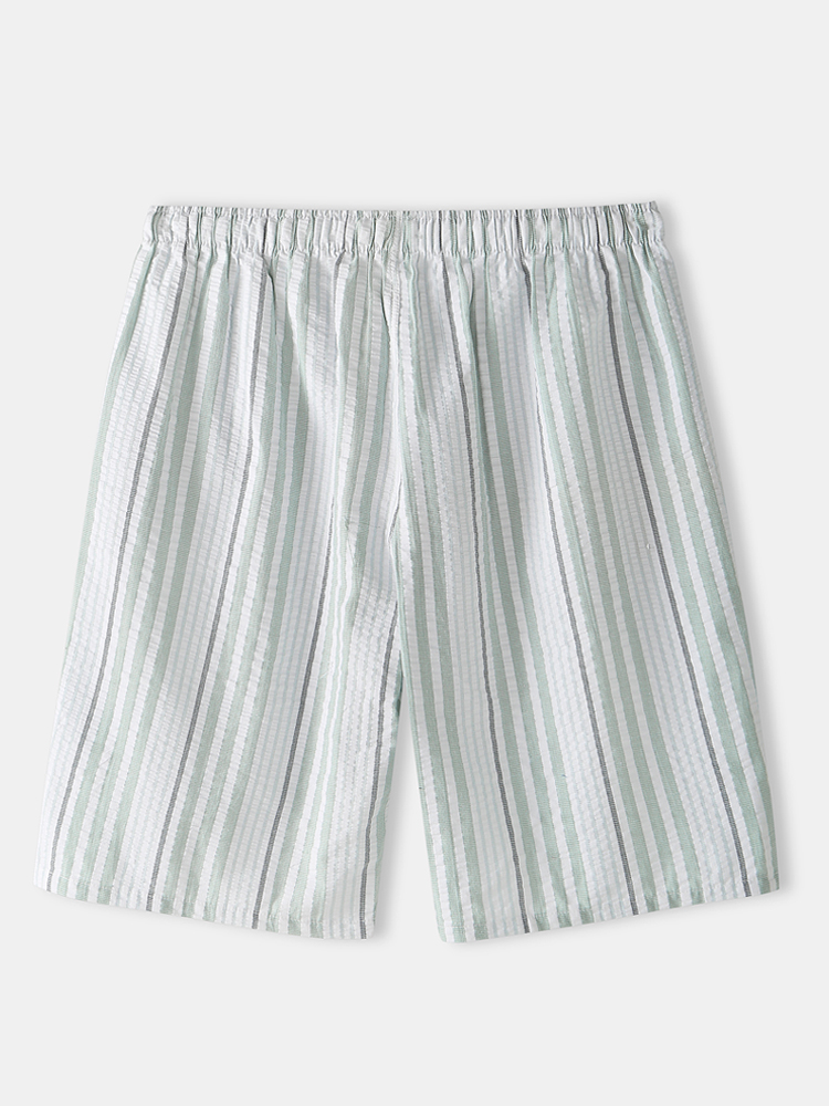 Mens 100% Cotton Striped Loose Thin Home Beach Casual Drawstring Waist Side Pocket Shorts