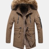 Mens Warm Faux Fur Collar Detachable Hooded Fleece Lined Windproof Coat