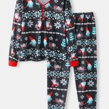 Women Cartoon Santa Claus Print V-Neck Long Sleeve Pullover Loose Jogger Pants Christmas Home Pajama Set
