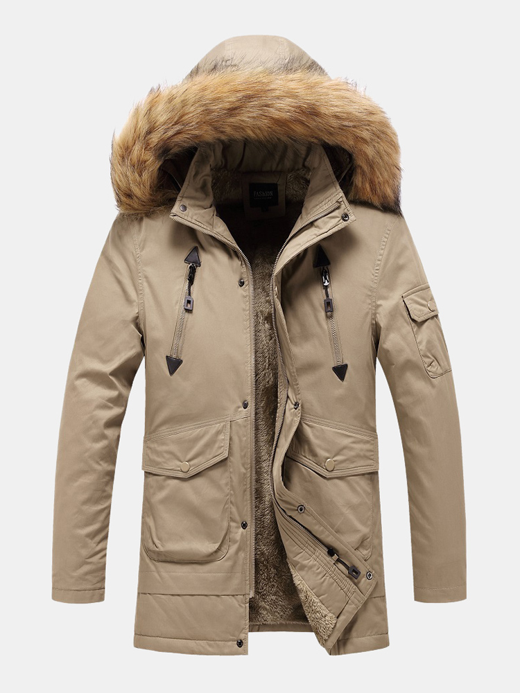 Mens Multi Pocket Detachable Faux Fur Hooded Collar Thicken Warm Coats