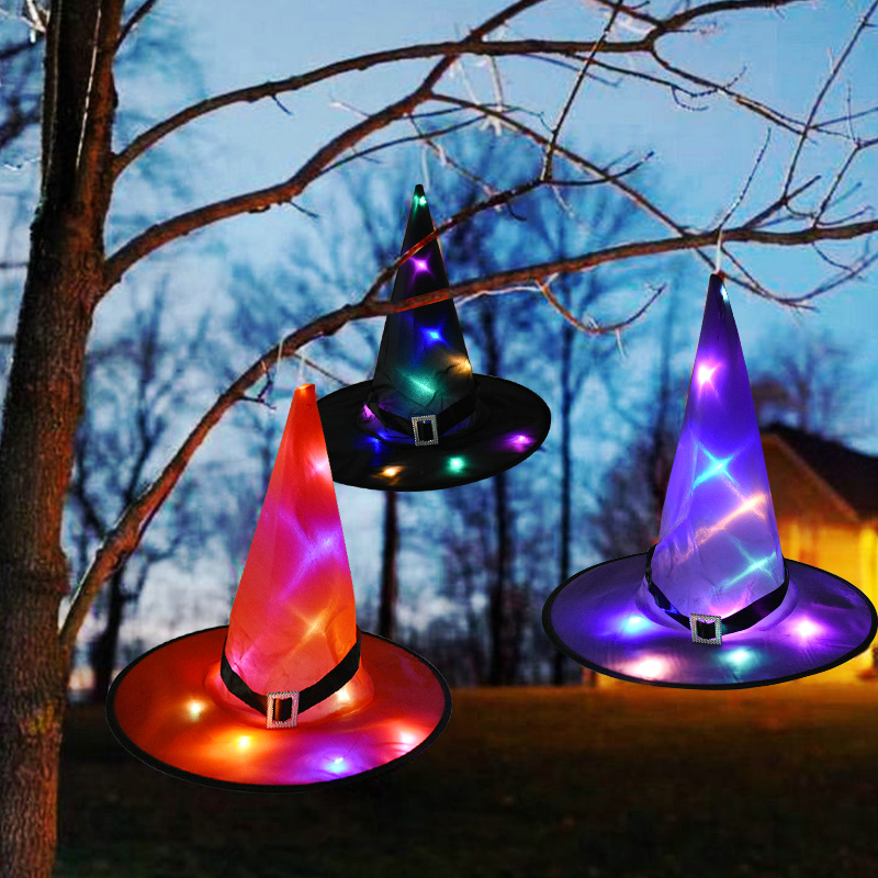Halloween LED Costume Props Witch Hats LED Lights Cap for Halloween Outdoor Tree Hanging Ornament Home Glow Party Decor