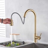 Brushed Gold Hot Cold Kitchen Sink Faucets Brass 360 Rotation Single Lever Pull Out Mixers Tap