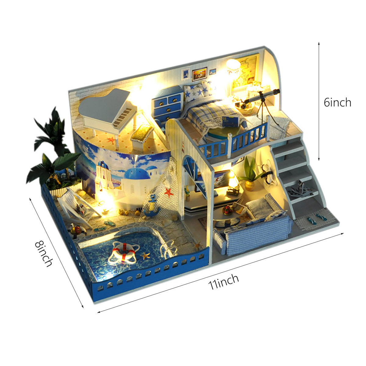 Wooden DIY Handmade Assemble Miniature Doll House Kit Toy with Furniture LED Light Music and Glass Dust Cover for Gift Collection