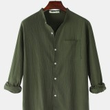 Mens Simple Solid Color Stand Collar Long Sleeve Casual Shirts With Pocket
