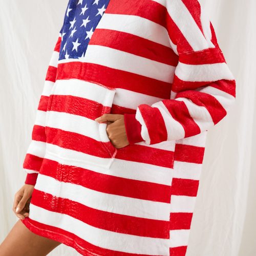 Women American Flag Graphics Fleece Lined Blanket Hoodie Cozy Thicken Warm Robe With Pocket