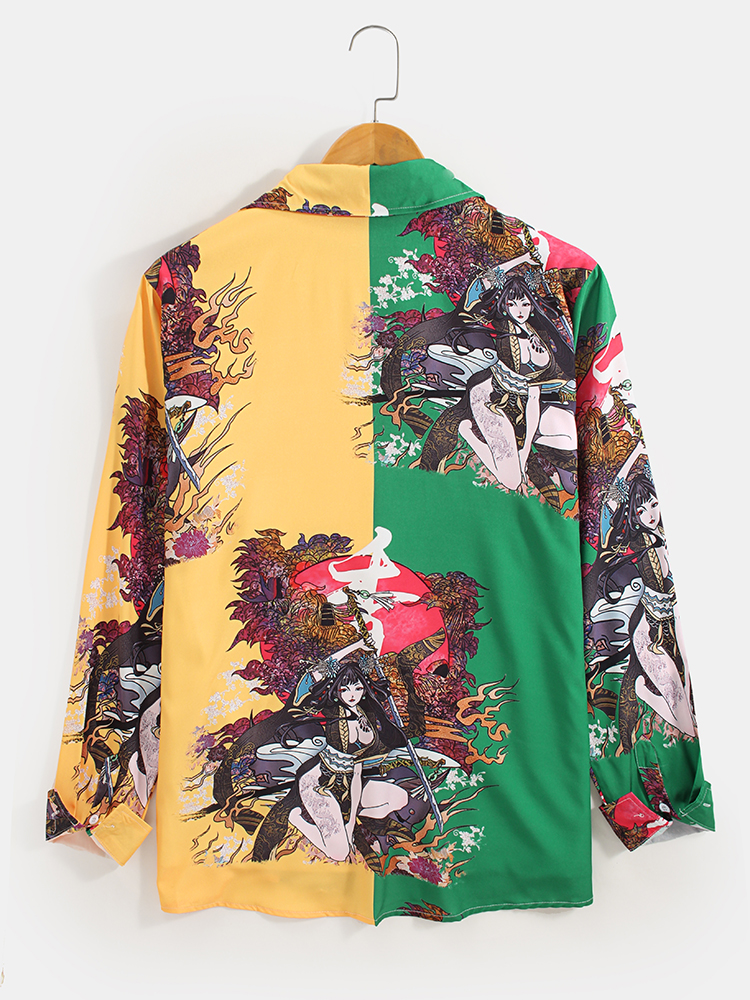 Mens Contrast Patchwork National Style Printing Lapel Collar Long Sleeve Shirts