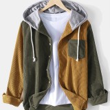Mens Corduroy Contrast Patchwork Long Sleeve Drawstring Hooded Shirts With Pocket