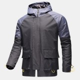 Mens Contrast Patchwork Zip Front Waterproof Drawstring Cuff Hooded Outdoors Jackets