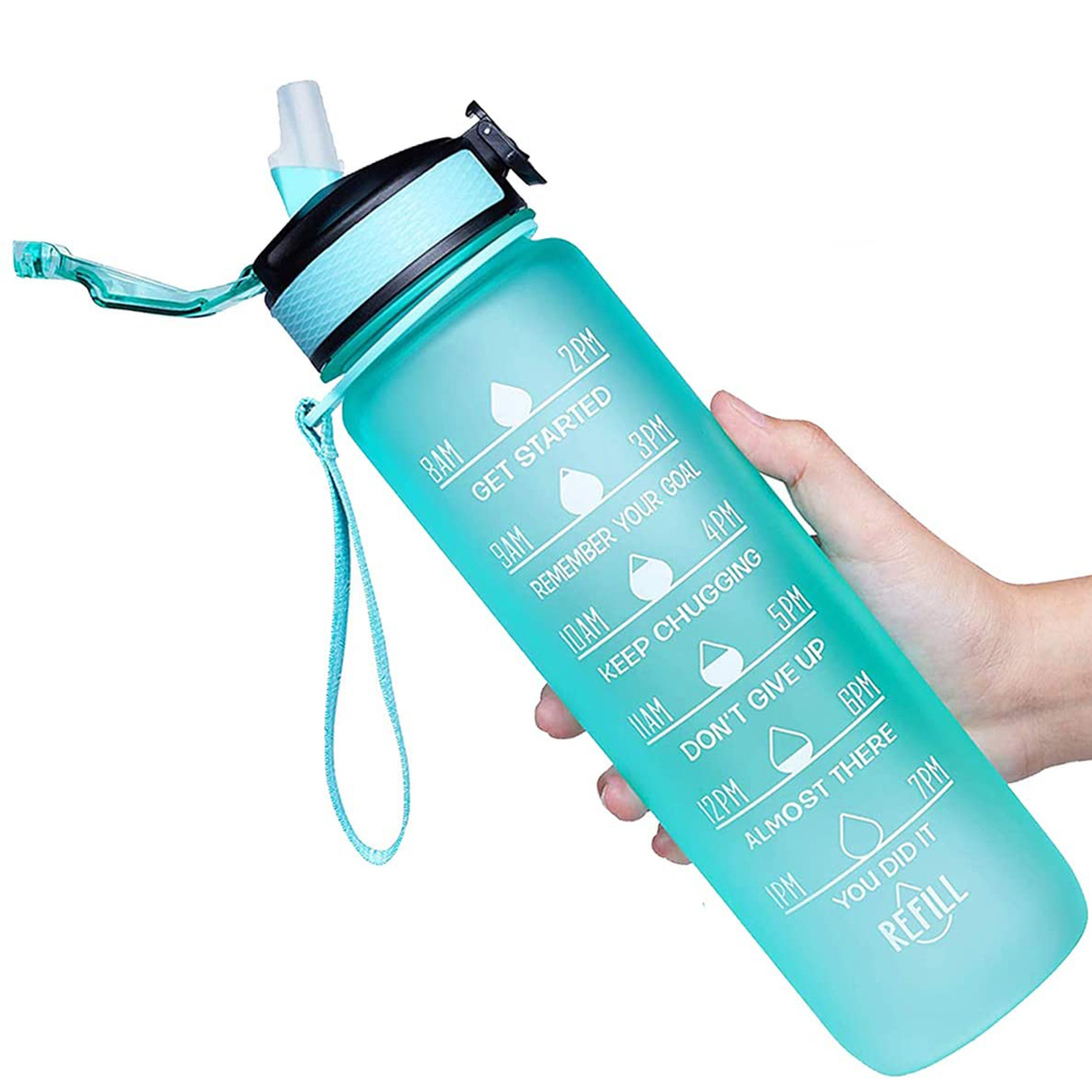 TRITAN 34oz/1L BPA Free Fitness Water Bottle with Time Marker Colorful Gradient Leakproof One Click Open Kids Water Bottles