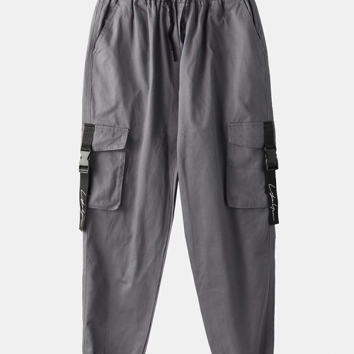 Mens Cotton Solid Drawstring Elastic Ankle Cargo Pants With Push Buckle Pocket