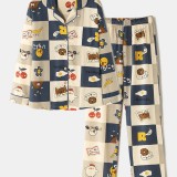 Women Cotton Funny Print Plaid Long Sleeve Elastic Waist Two Piece Home Pajama Sets