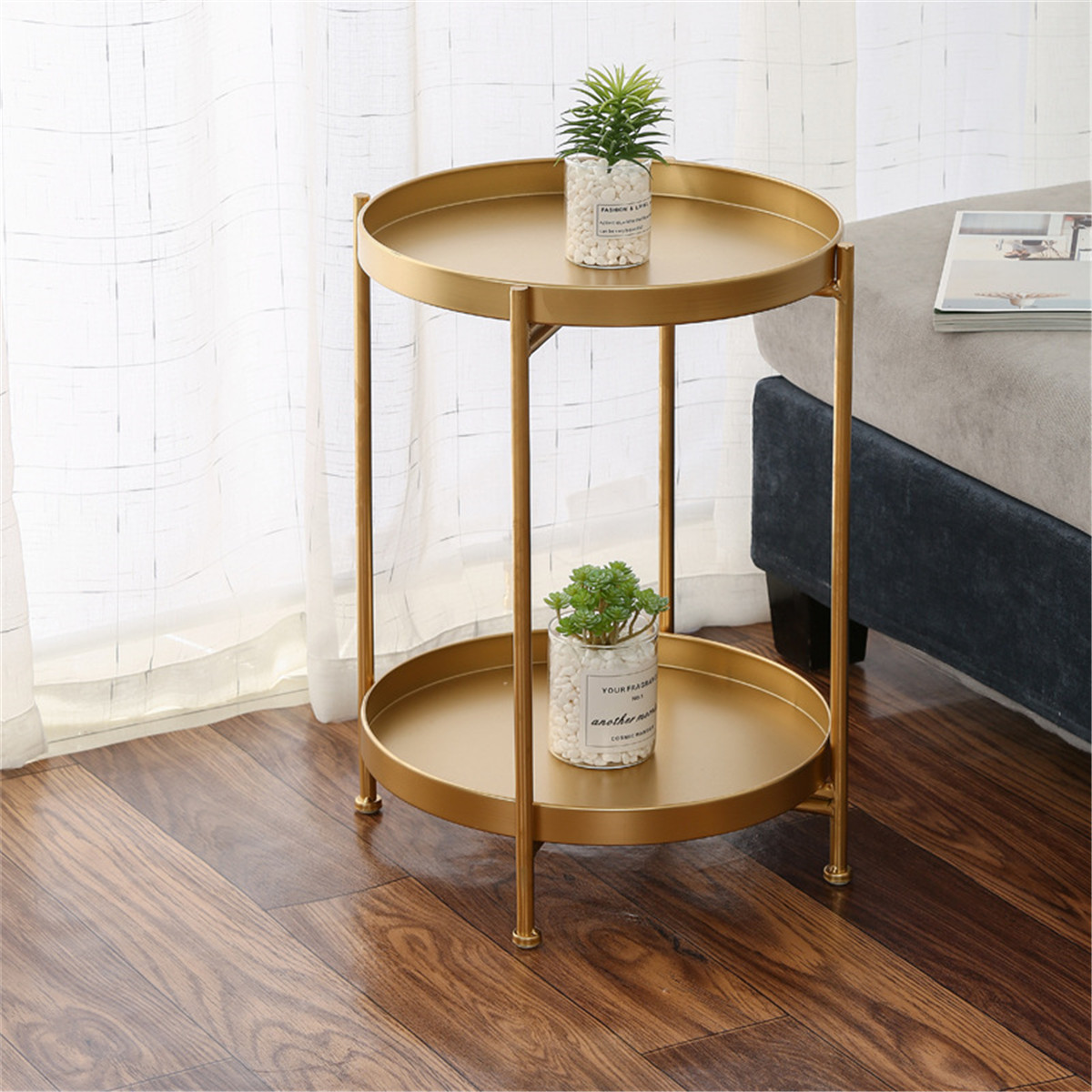 Double Layer Metal Wooden Sofa Side Coffee Table Iron Art Round Small End Tables Display Simple Living Room Bedroom