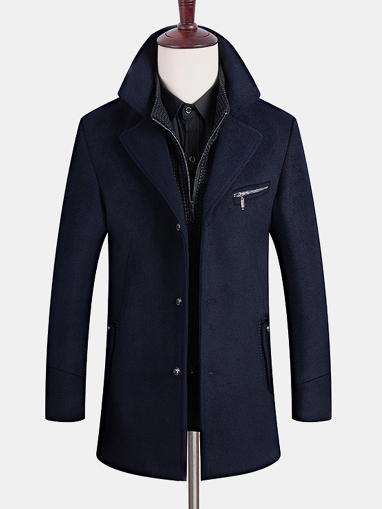 Mens Single-Breasted Business Mid-Length Woolen Trench Coats With Detachable Vest
