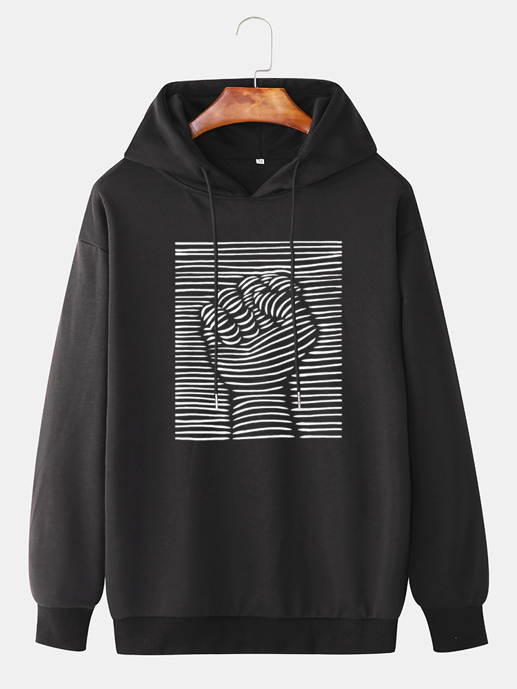 Mens Line Fist Graphic Print Daily Relaxed Fit Pullover Hoodie