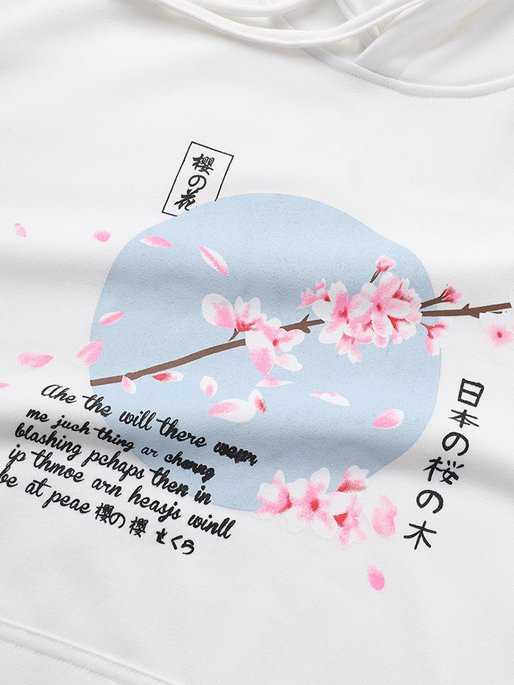 Mens Cherry Blossoms Text Print Japanese Style Muff Pocket Drawstring Hoodies