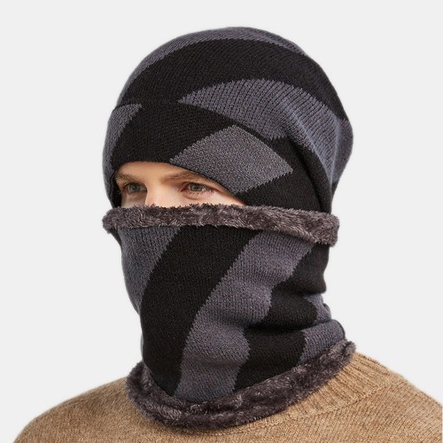 Men 2PCS Plus Velvet Thick Warm Winter Suits Stripes Pattern Neck Face Protection Knitted Hat Scarf