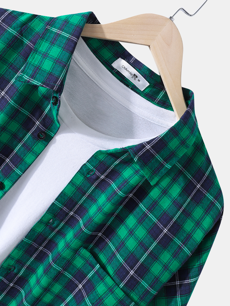Mens 100% Cotton Plaid Chest Pocket Lapel Long Sleeve Design Shirts