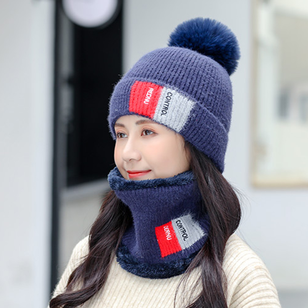 Unisex 2PCS Plus Velvet Thicken Warm Windproof Neck Face Protection Riding Knitted Hat Scarf