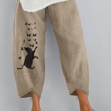 Women Cartoon Cat Butterfly Print Cotton Loose Elastic Waist Cropped Pants