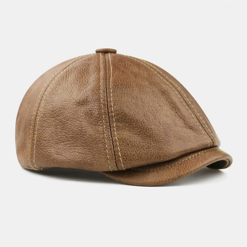 Men Genuine Leather Retro Fashion British Style Newsboy Hat Octagonal Hat Beret Hat
