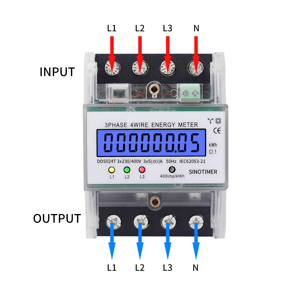 SINOTIMER DDS024T Din Rail 380V 80A 3 Phase 4 Wire Electronic Watt Power Energy Meter Wattmeter kWh LCD Backlight Display With Transparent Cover