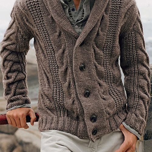 Mens Rib-Knit Button Front Lapel Solid Casual Long Sleeve Cardigans