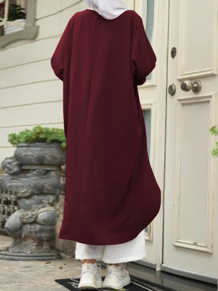 Women Casual Solid Color Long Sleeve Plus Size Asymmetrical Hem Dress